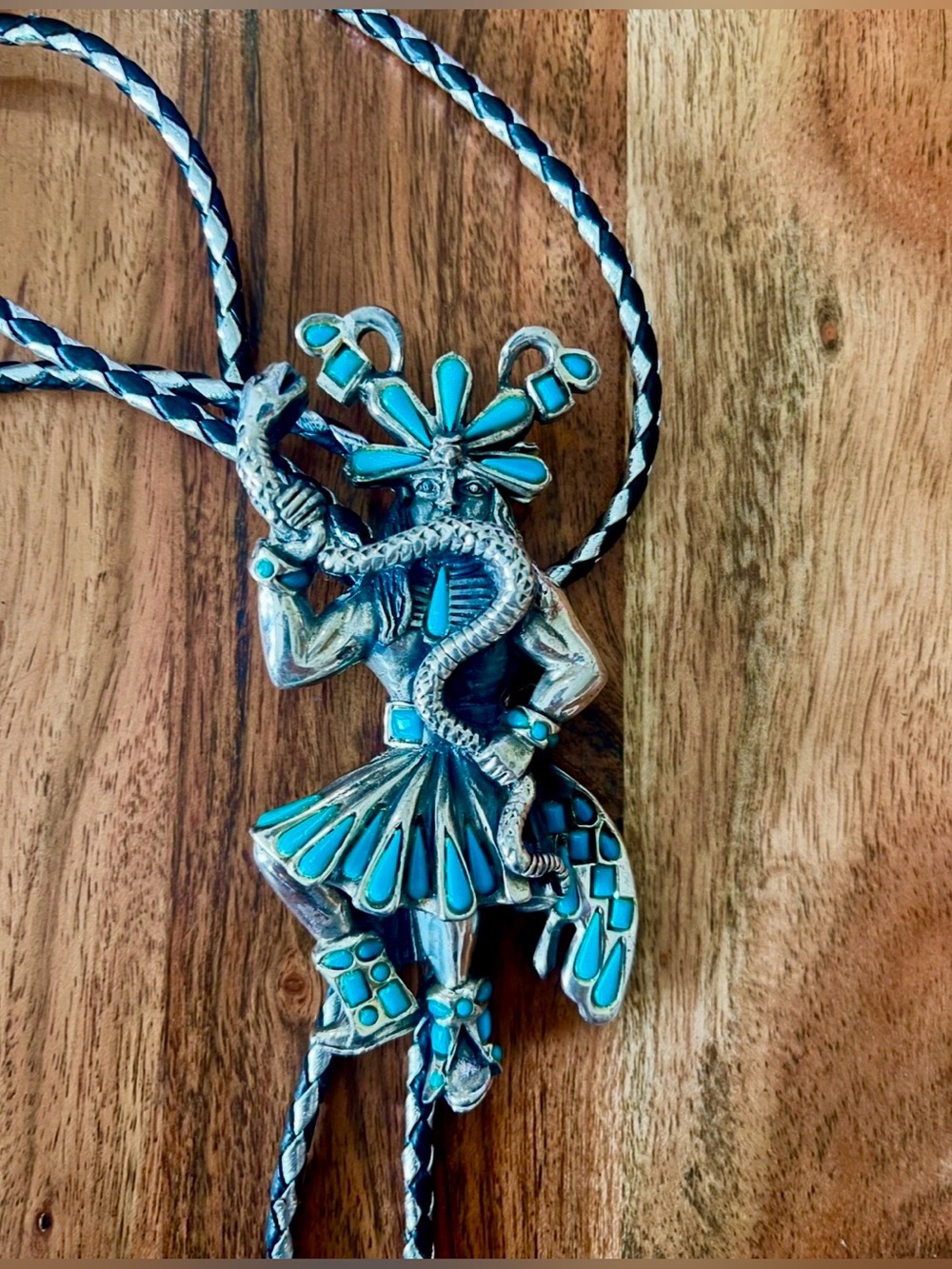 Vintage Southwestern bolo tie silver-toned Kachina dancer with snake